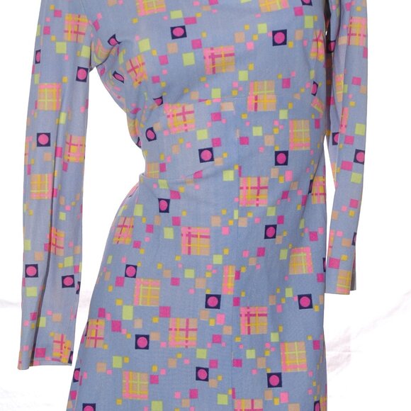 Neon Geo Art Dress Empire Waist Tie A-Line Tunic Vintage 70s Womens S/M - Picture 4 of 9